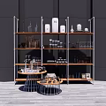 Multi Tiered Shelving Unit With Decorative Bottles Jars And Small Round Tables In Modern Space