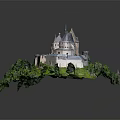 Ancient Stone Castle With Multiple Towers Surrounded By Lush Green Trees And Grass
