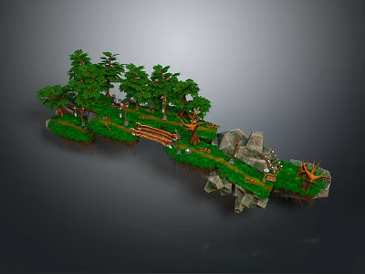 Enchanting 3D Fantasy Landscape With Green Trees Lush Grass Rocks And Wooden Bridge Pathway 3d model