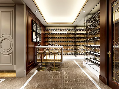 Elegant Wine Cellar Interior With Wooden Racks Soft Lighting And Marble Floor Displaying Wine Bottles 3d model
