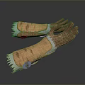 Sturdy Orange Gauntlets with White Fur Trim and Decorative Stitching as Protective Weapon Gear