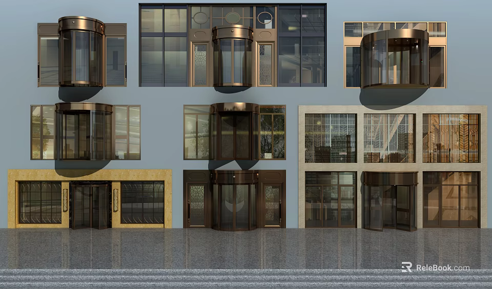 Modern Architectural Building Exterior Featuring Revolving Doors And Glass Curtain Walls 3d model 