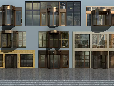 Modern Architectural Building Exterior Featuring Revolving Doors And Glass Curtain Walls 3d model