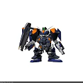 Mechanical Robot Model with Blue and Orange Design Displayed in Technology Exhibition Hall