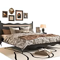 Double Bed with Dark Headboard Multiple Pillows Patterned Quilt Nightstands Table Lamps Wall Decor Rug