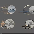 Elegant Circular Wall Decorations Featuring Illuminated Frames Landscape Patterns And Decorative Branches 3d model