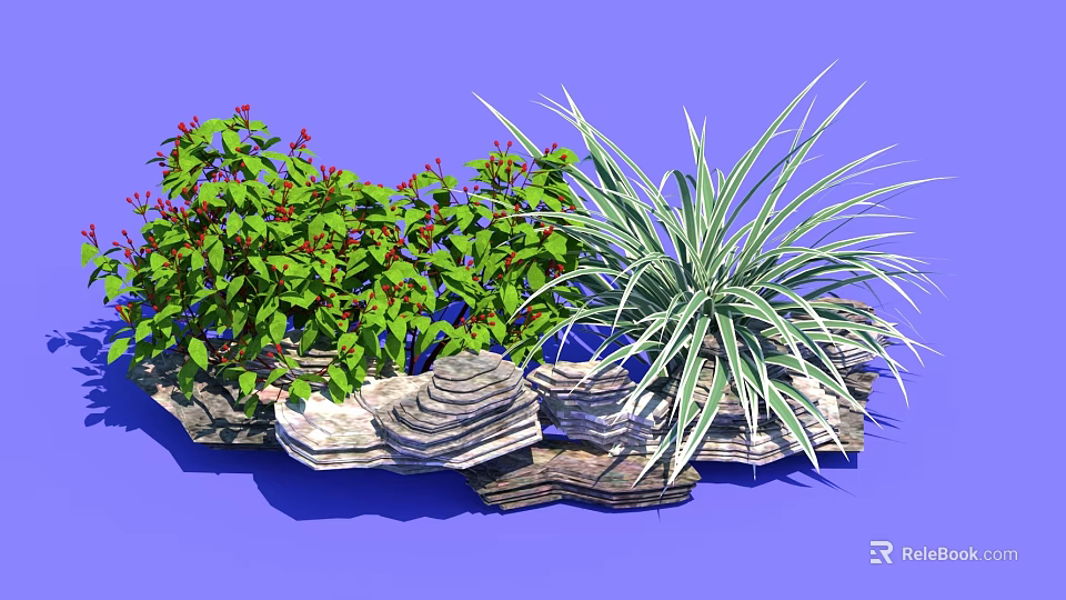 Lush Green Plants With Red Flowers And Stone Decorations On Blue Background 3d model 