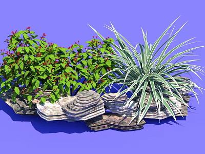 Lush Green Plants With Red Flowers And Stone Decorations On Blue Background 3d model