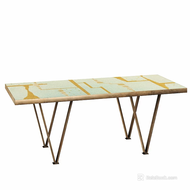 Modern Dining Table With Light Green Tabletop And Golden Striped Patterns On Crossed Brass Legs 3d model 