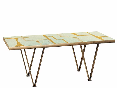 Modern Dining Table With Light Green Tabletop And Golden Striped Patterns On Crossed Brass Legs 3d model