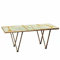 Modern Dining Table With Light Green Tabletop And Golden Striped Patterns On Crossed Brass Legs