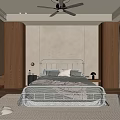 Modern Bedroom Interior Featuring Metal Frame Bed Wooden Walls Ceiling Fan And Striped Rug