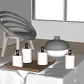 Candle Lamp Arrangement On Wooden Tray With White Candles And Black Container In Modern Interior