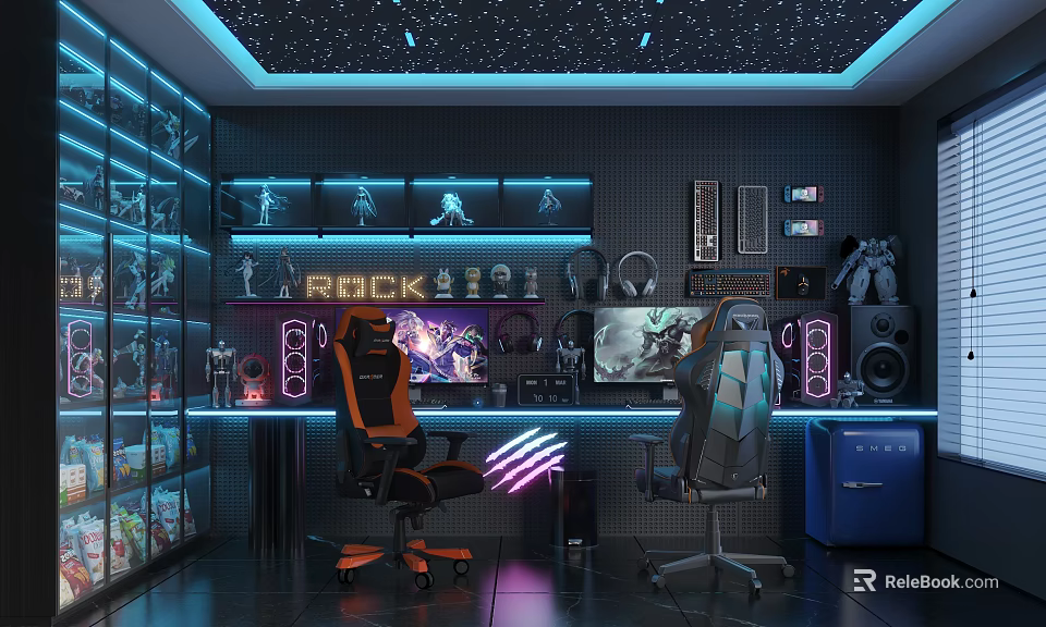 Gaming Room Interior With Game Setup Action Figures RGB Lighting And Chairs 3d model 