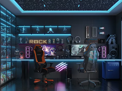 Gaming Room Interior With Game Setup Action Figures RGB Lighting And Chairs 3d model