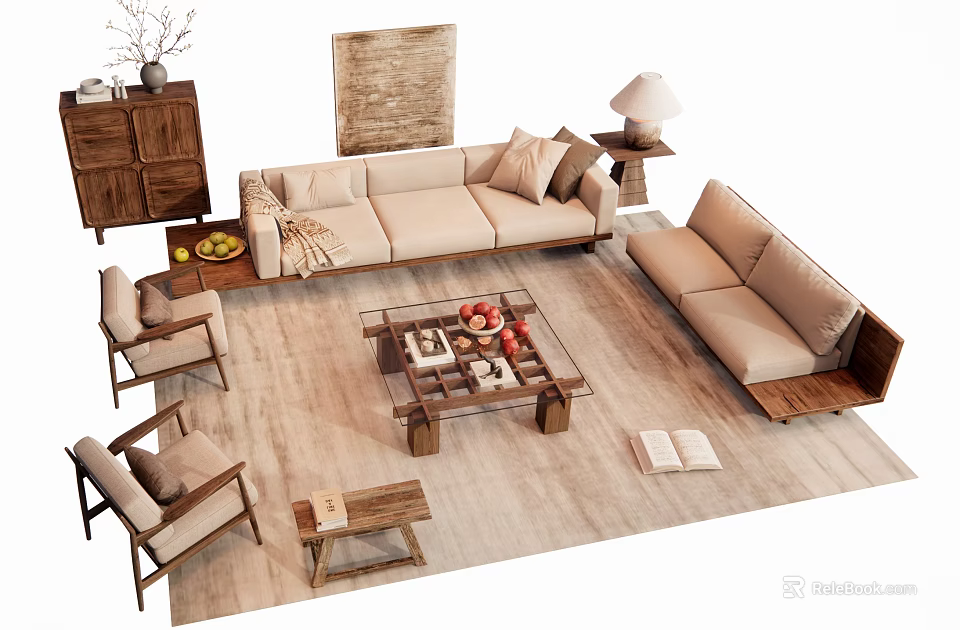 Modern Sectional Sofa And Wooden Coffee Table Set With Area Rug Side Tables And Decor 3d model 