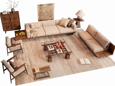 Modern Sectional Sofa And Wooden Coffee Table Set With Area Rug Side Tables And Decor 3d model