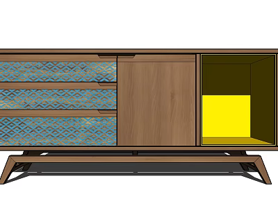 Wooden TV Stand With Blue Geometric Pattern Drawers And Open Yellow Interior Compartment 3d model
