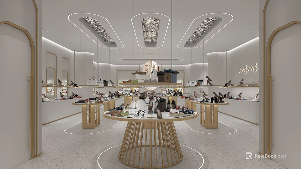 Modern Shoe Store Interior With Display Shelves Round Table And Various Shoes 3d model 
