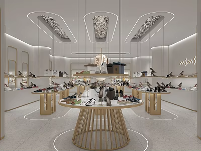 Modern Shoe Store Interior With Display Shelves Round Table And Various Shoes 3d model