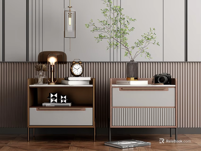 Modern Nightstand Design Featuring Table Lamp Alarm Clock Books Vase Plant And Camera 3d model 
