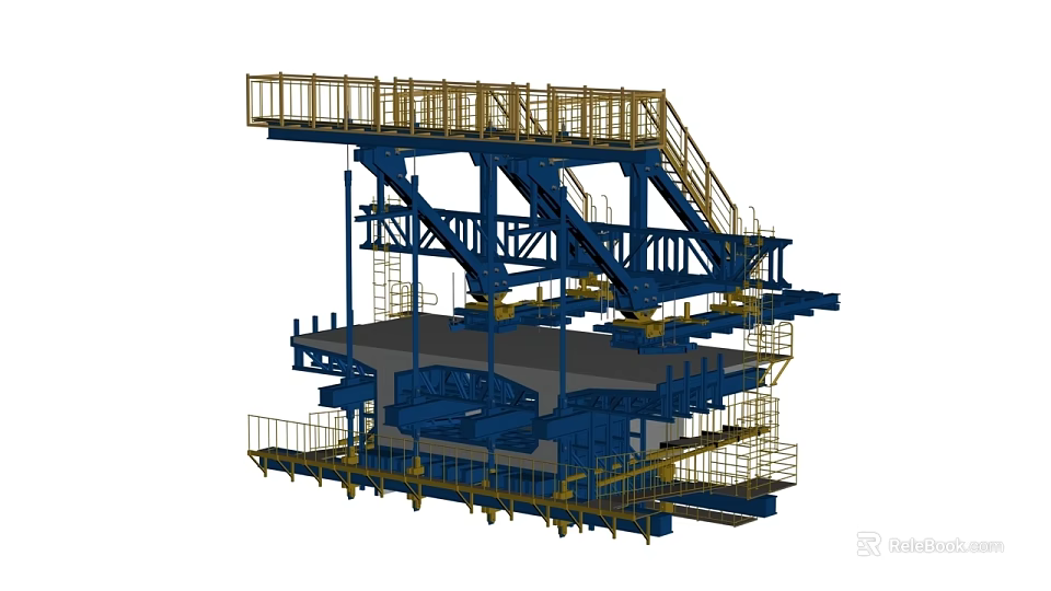 Bridge Construction Supporting Framework Featuring Metal Structure Yellow Railings And Staircases 3d model 
