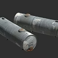 Two Rusty Metal Barrels With Round Lids And Metal Rings On Gray Background