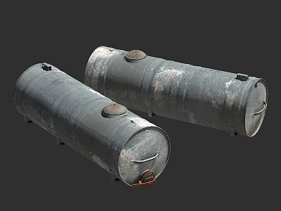 Two Rusty Metal Barrels With Round Lids And Metal Rings On Gray Background 3d model