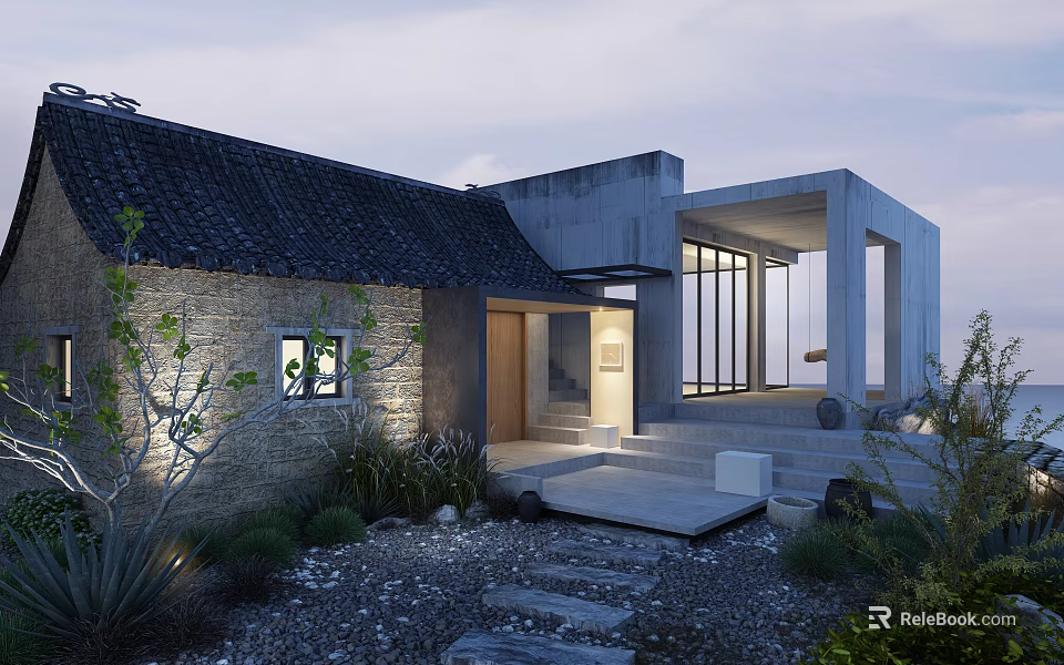 Modern Detached Villa With Stone Wall Large Glass Windows Landscaped Garden And Evening Lighting 3d model 