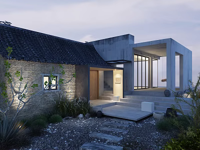 Modern Detached Villa With Stone Wall Large Glass Windows Landscaped Garden And Evening Lighting 3d model