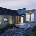 Modern Detached Villa With Stone Wall Large Glass Windows Landscaped Garden And Evening Lighting
