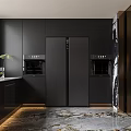 Modern Kitchen With Black Cabinets Marble Countertops Large Windows City View And Marble Flooring