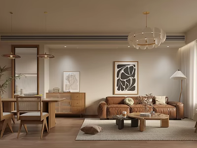Cozy Dining and Living Room Interior With Brown Sofa Dining Table Chairs And Pendant Lights 3d model
