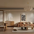 Cozy Dining and Living Room Interior With Brown Sofa Dining Table Chairs And Pendant Lights