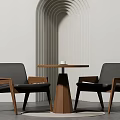 Modern Wooden Table And Black Leather Chairs Set With White Cup In Interior