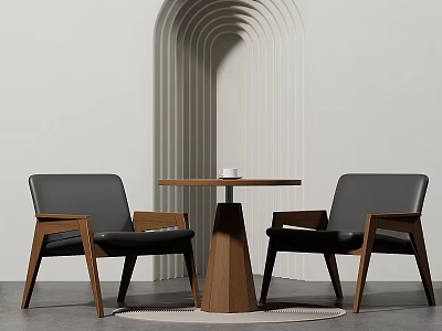 Modern Wooden Table And Black Leather Chairs Set With White Cup In Interior 3d model