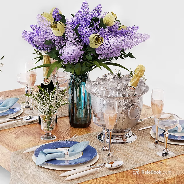 Elegant Tableware Set with Blue Napkins Plates Wine Glasses and Purple Flowers on Wooden Table 3d model 