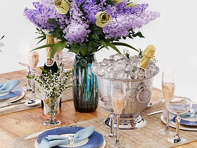 Elegant Tableware Set with Blue Napkins Plates Wine Glasses and Purple Flowers on Wooden Table 3d model