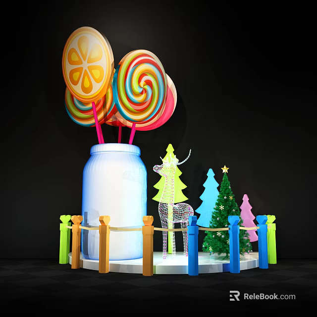 Colorful Swirl Lollipops In Glass Jar With Decorative Christmas Trees And Fence 3d model 