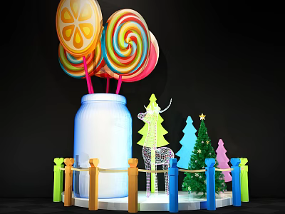 Colorful Swirl Lollipops In Glass Jar With Decorative Christmas Trees And Fence 3d model