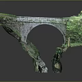 3D Model of Stone Arch Bridge Structure With Green Vegetation and Rocky Details