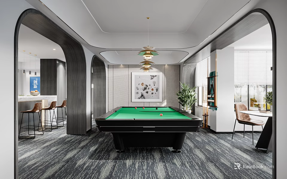 Modern Billiard Room Interior With Table Artwork And Bar Area 3d model 