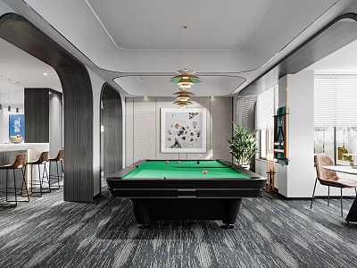 Modern Billiard Room Interior With Table Artwork And Bar Area 3d model