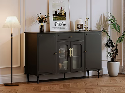 Sleek Dining Sideboard With Glass Doors Brass Handles Floor Lamp Plant Poster And Wooden Floor 3d model