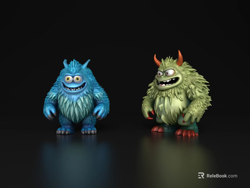Blue And Green Furry Cartoon Monsters With Horns And Smiling Faces 3d model 