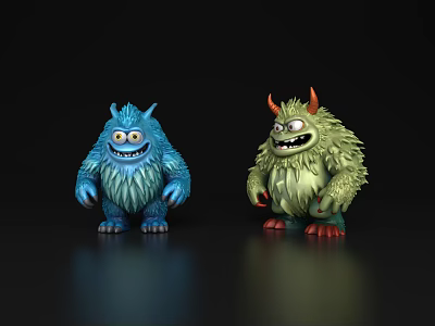 Blue And Green Furry Cartoon Monsters With Horns And Smiling Faces 3d model