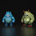 Blue And Green Furry Cartoon Monsters With Horns And Smiling Faces