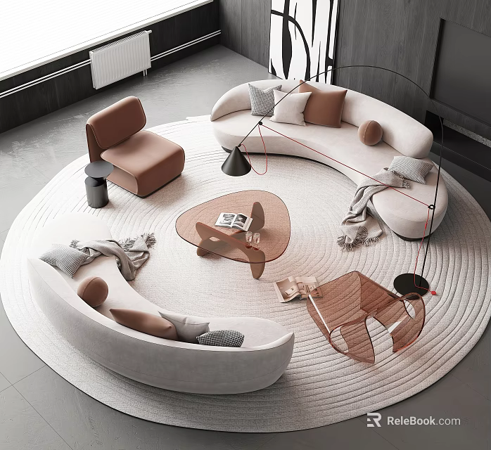 Modern Sofa and Coffee Table Set With Curved Design Round Rug and Decorative Pillows 3d model 