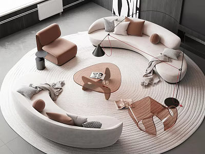 Modern Sofa and Coffee Table Set With Curved Design Round Rug and Decorative Pillows 3d model