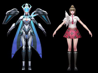 Mechanical Winged Futuristic Armor And White Winged Schoolgirl Uniform Game Movie Character Designs 3d model